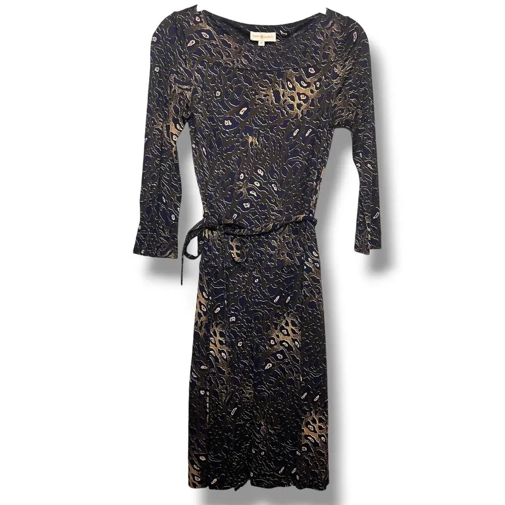 Tory Burch Denise Dress Blue Brown Abstract Leopard Print Pleated Midi XS